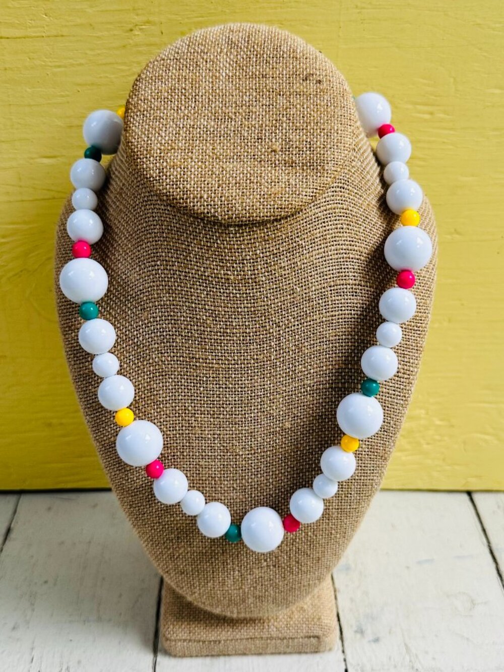 Vintage 80s White Acrylic Bead Necklace Colorful Spacer Beads Statement 9" long